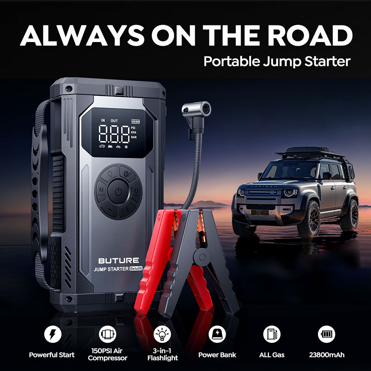 Buture Beta06 5000A Jump Starter with Tire Inflator丨23800mAh Long Standby, 160W DC Output