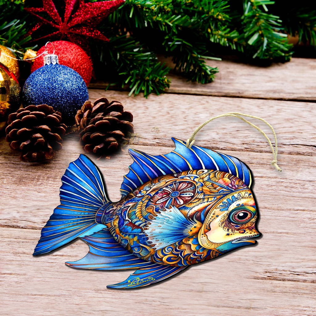 Coastal Christmas Ornaments - Aquamarine Aqua Fish Wooden Ornaments by G. Debrekht Coastal Holiday Decor - 8688306