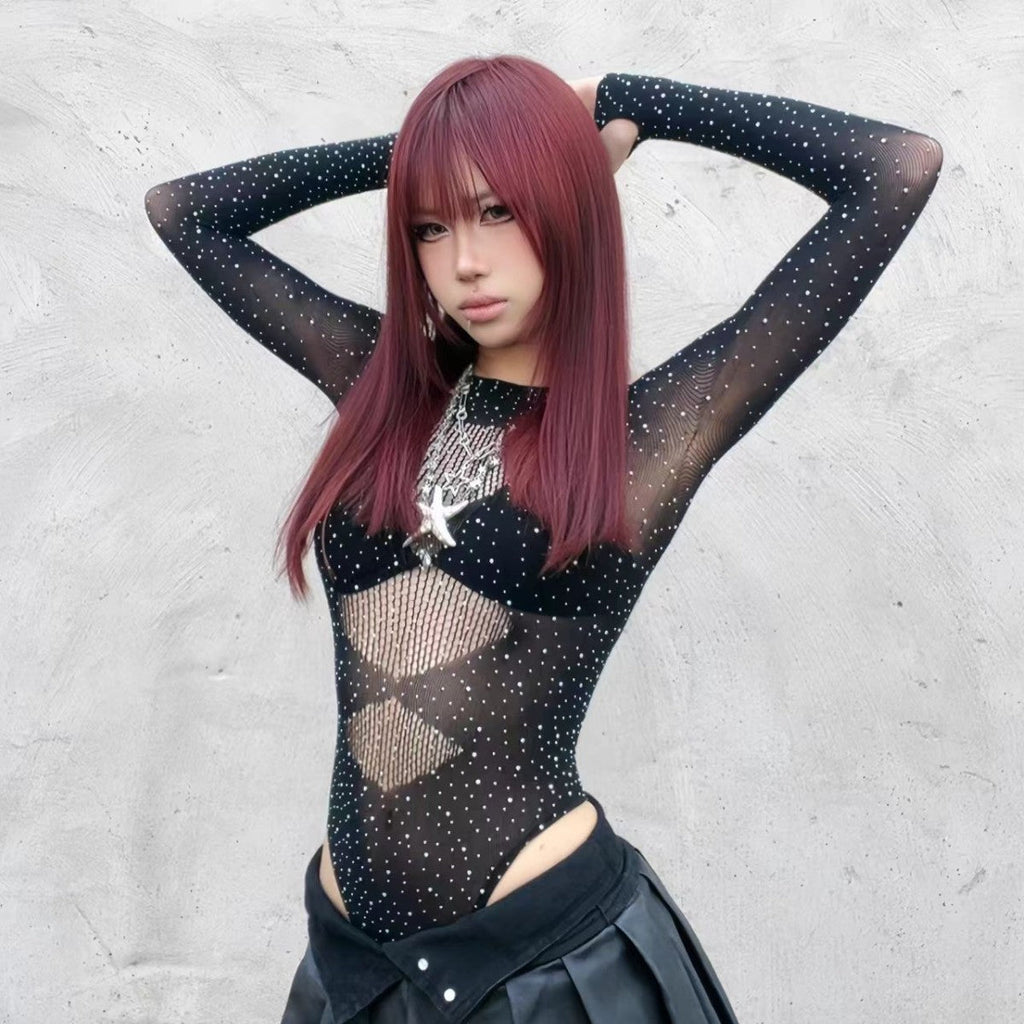 High-Elastic Sheer Rhinestone Long-Sleeve Bodysuit