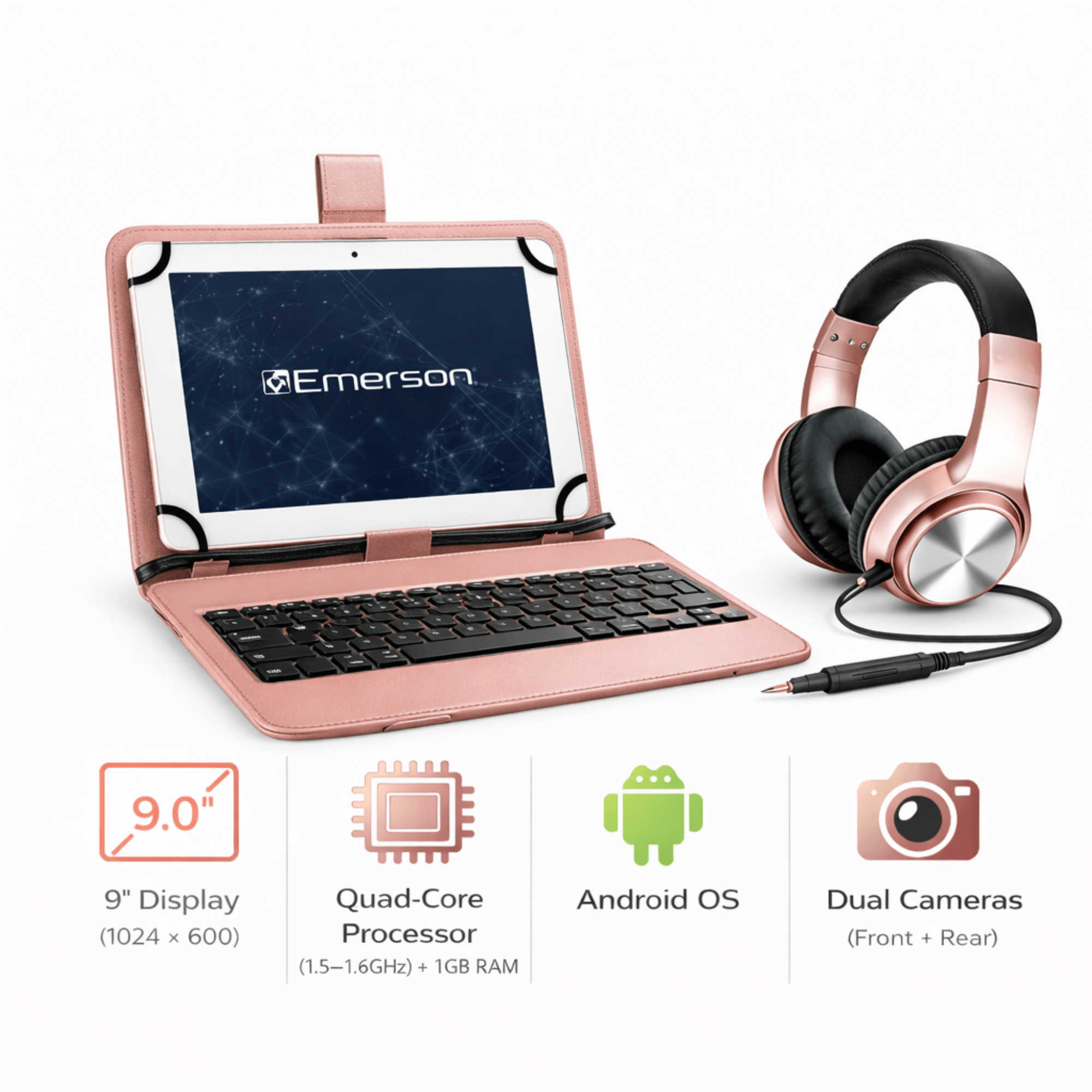 Emerson 9” Quad Core Tablet with Android 14 Rose Gold - Refurbished