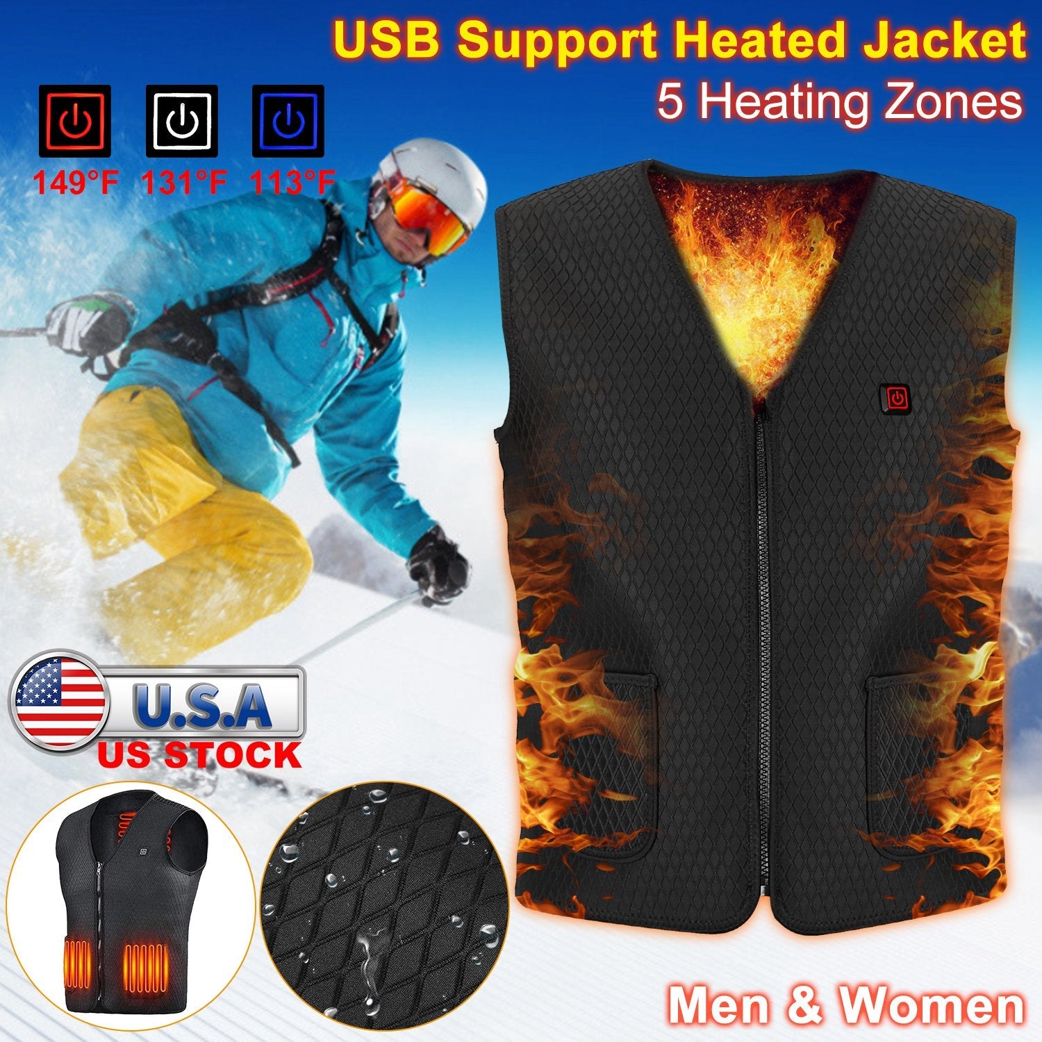 Heat Jacket Vest 3 Heating Gear Adjustable USB Heated Vest Warm Heat Coat Vest w/ 5 Heating Zones For Men Women Winter Outdoor Activity