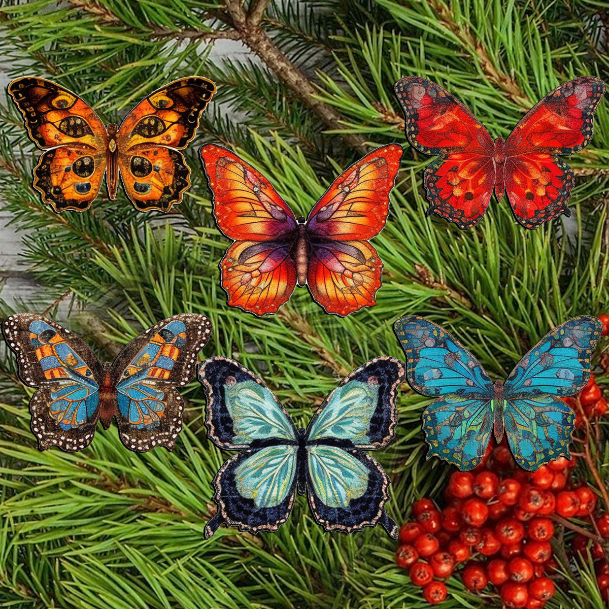 Summer Butterfly Clip-On Eco Wood Decorative Ornaments Set of 6 by G. Debrekht - Christmas Decor - 8090012-2C-S6