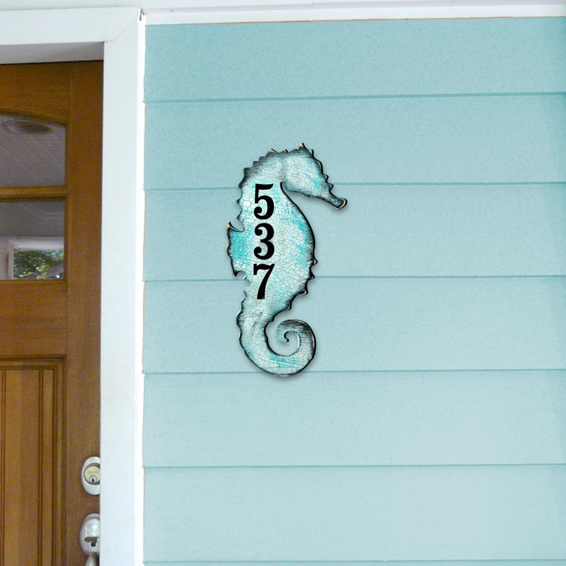 Seahorse Coastal Wooden Personalized House Number Sign by G. Debrekht - Coastal Sea-Life Decor - Handcrafted Wooden Handcrafted Wooden Handcrafted Wooden Address Sign - MA98517