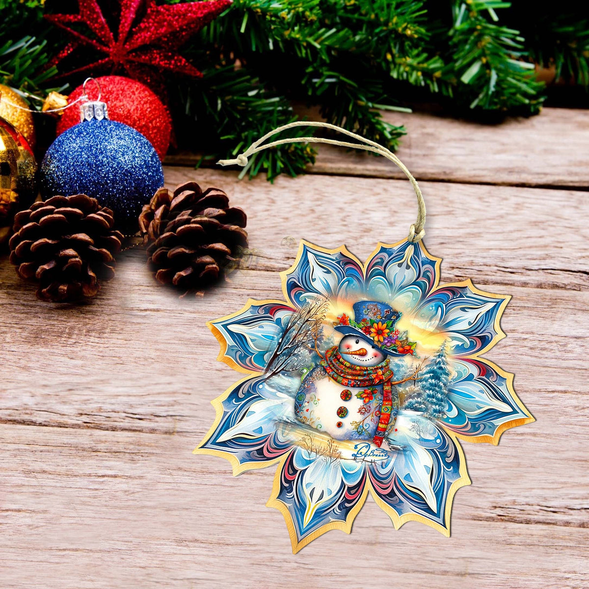 Snowman's Family Snowflake Large Wooden Ornament by G. Debrekht - Christmas Santa Snowman Decor - 8688428M