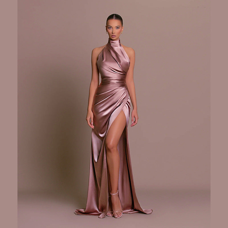Elegant Stand-up Collar Long Dress Halter Neck Sleeveless Slit Slim Dress