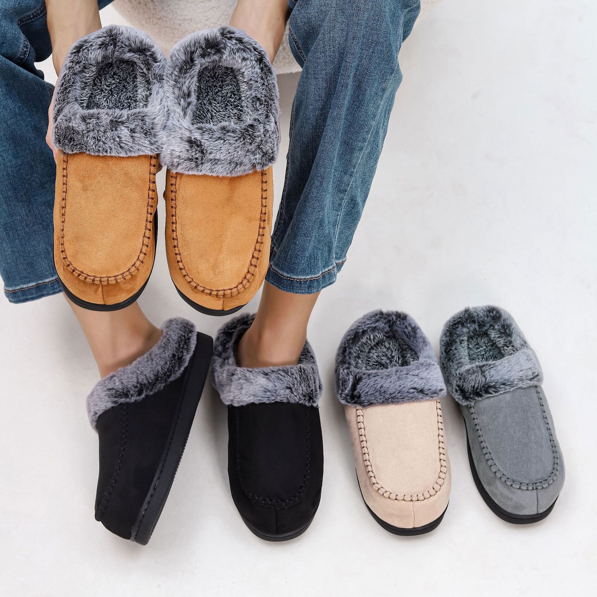 Unisex Plaid Fleece-Lined Slippers – Non-Slip Thickened Indoor Outdoor Shoes | EU 40–49