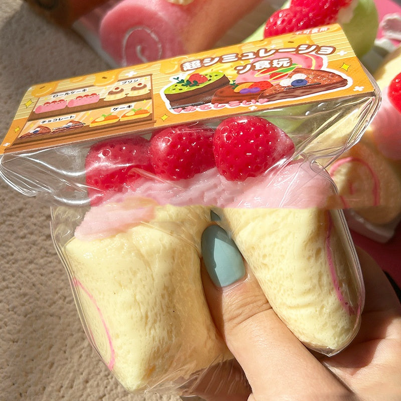 Swiss Roll Cake Squishy Squeeze Toy – Matcha, Strawberry & Chocolate