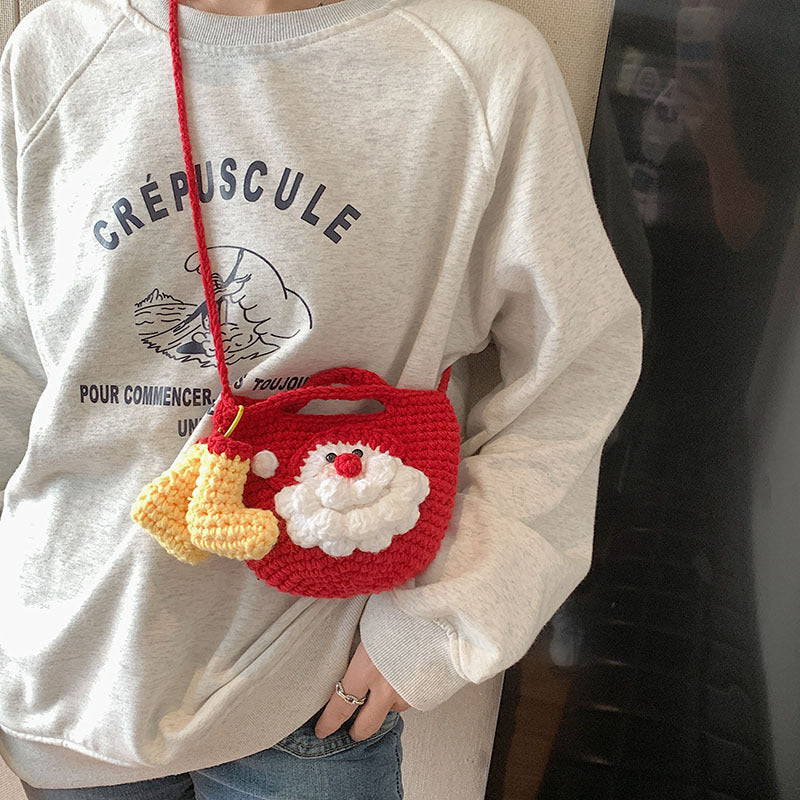 Christmas pure handmade woolen knitted bag new style women's bag fashionable versatile shoulder bag Santa Claus finished bag