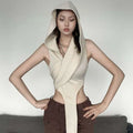Cream Stylish Short Crop Hooded Wraparound Top