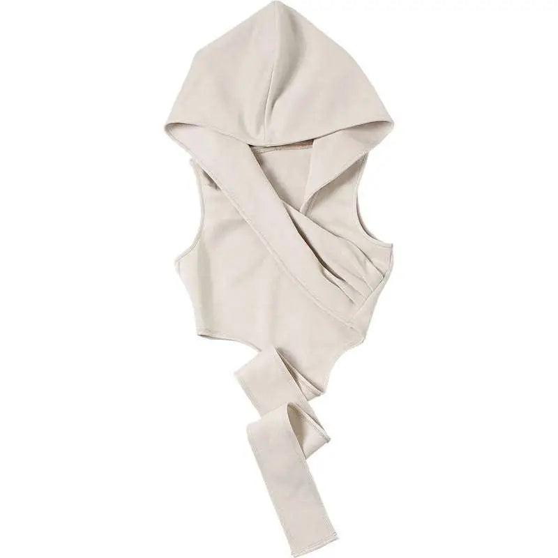 Cream Stylish Short Crop Hooded Wraparound Top