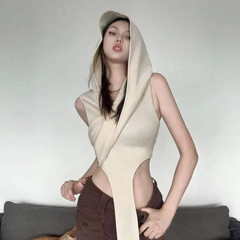 Cream Stylish Short Crop Hooded Wraparound Top