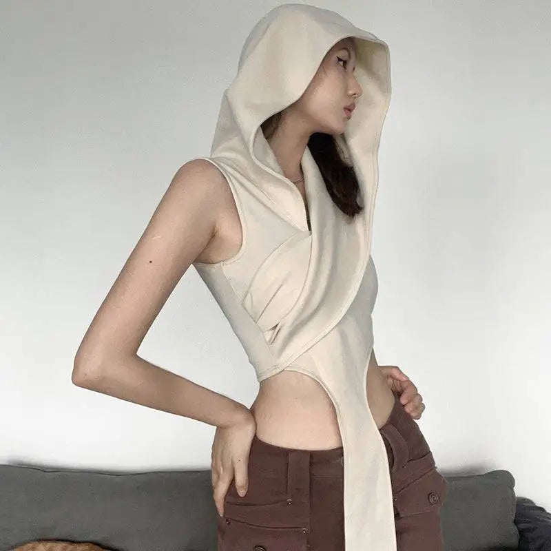 Cream Stylish Short Crop Hooded Wraparound Top