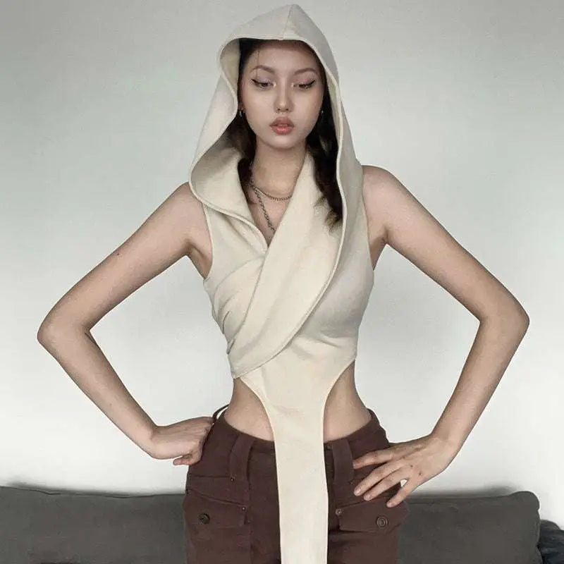 Cream Stylish Short Crop Hooded Wraparound Top