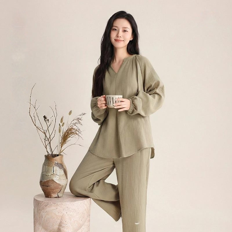 Women’s Double-Layer Gauze Long-Sleeve Top & Pants Set
