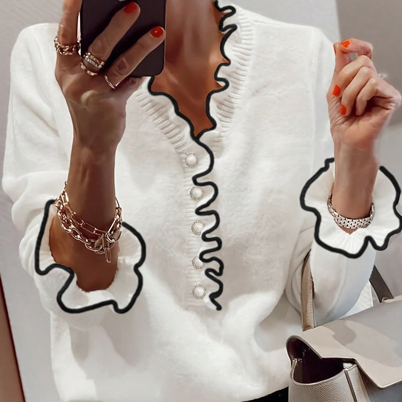 Women’s V-Neck Bell Sleeve Pullover Top – Long Sleeve
