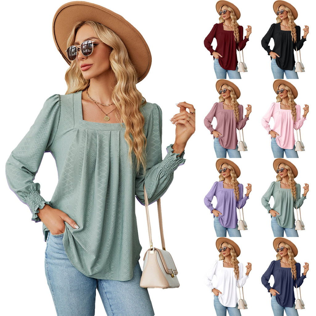 Women’s Jacquard Pleated Square Collar Swallowtail Top – Long Sleeve