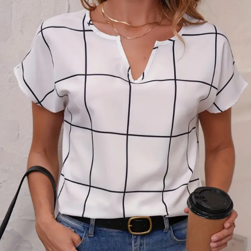 Women’s Plaid Print Notched Neck Blouse – Short Sleeve