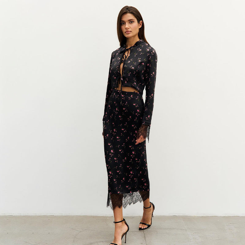 Women's Printed Long-Sleeve Lace Patchwork Two-Piece Skirt Set | S–L