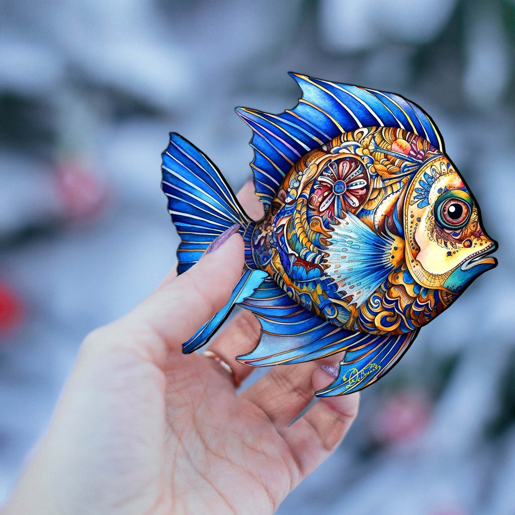 Coastal Christmas Ornaments - Aquamarine Aqua Fish Wooden Ornaments by G. Debrekht Coastal Holiday Decor - 8688306