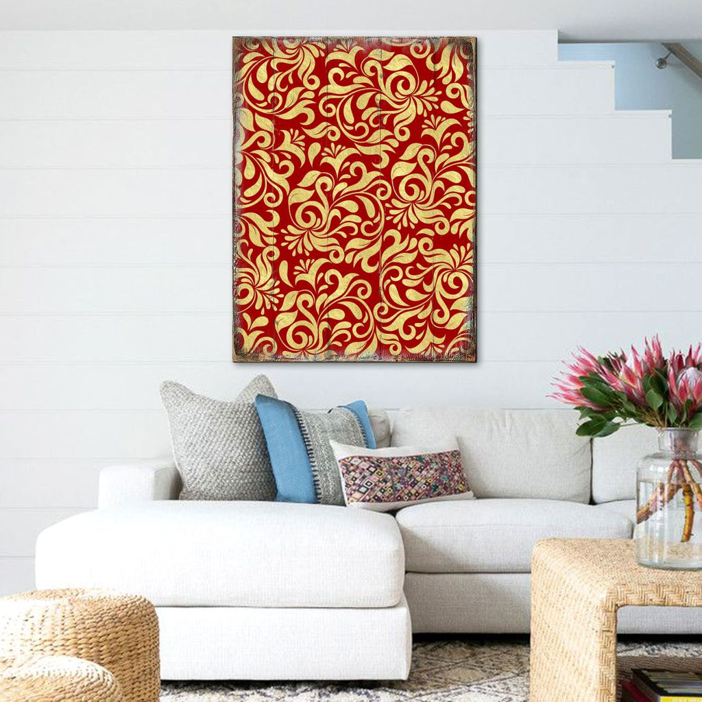 Red and Gold Floral Rustic Wooden Wall Art by G. DeBrekht - Floral Ornamental Decor - 95006B