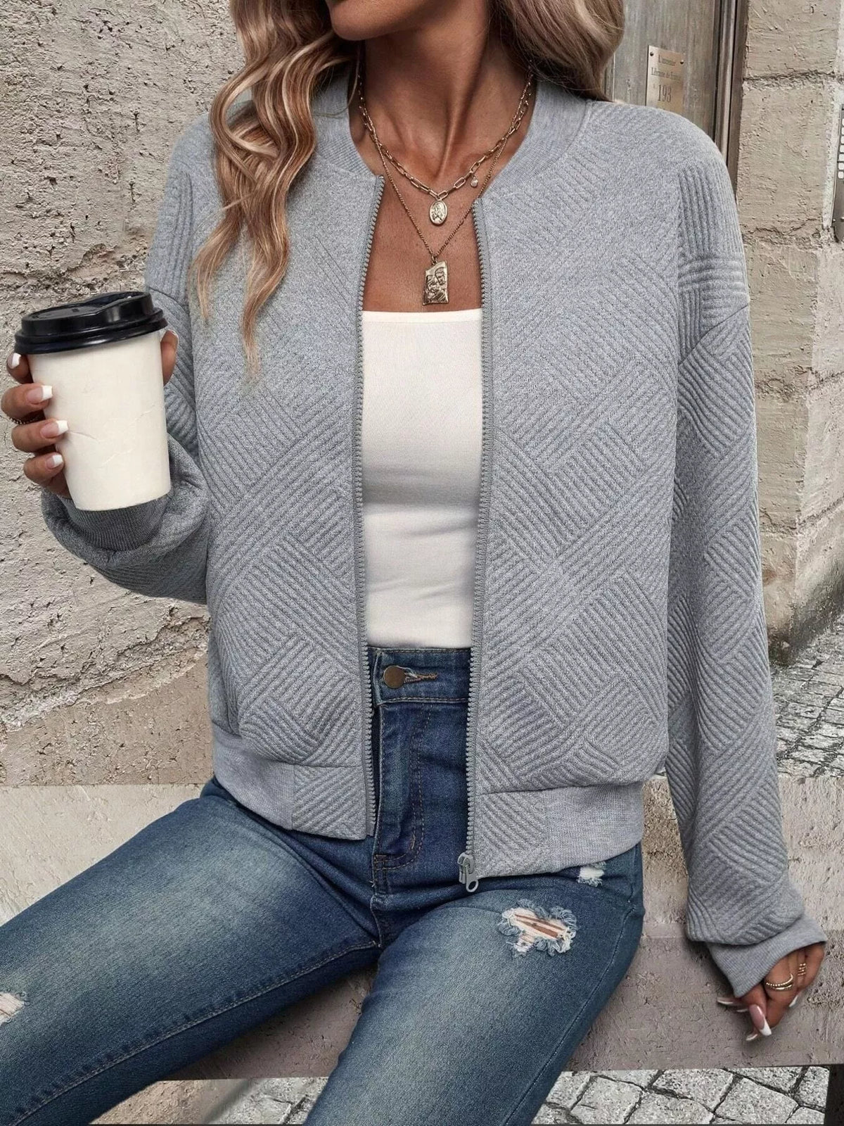Texture Zip-Up Bomber Jacket