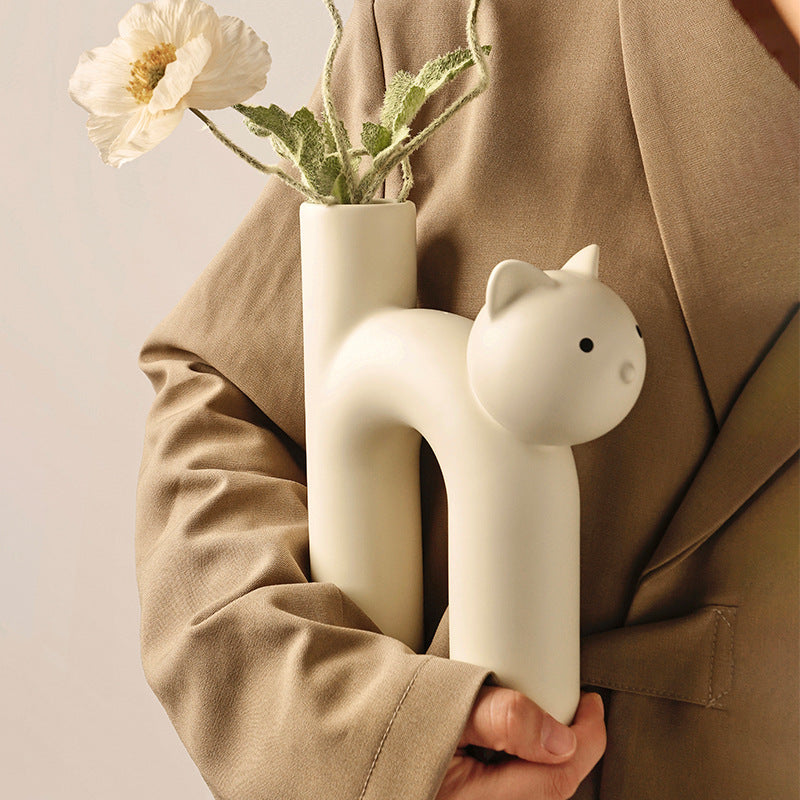 Cute Cat Ceramic Vase — Glazed, 3 Colors, Home Decor