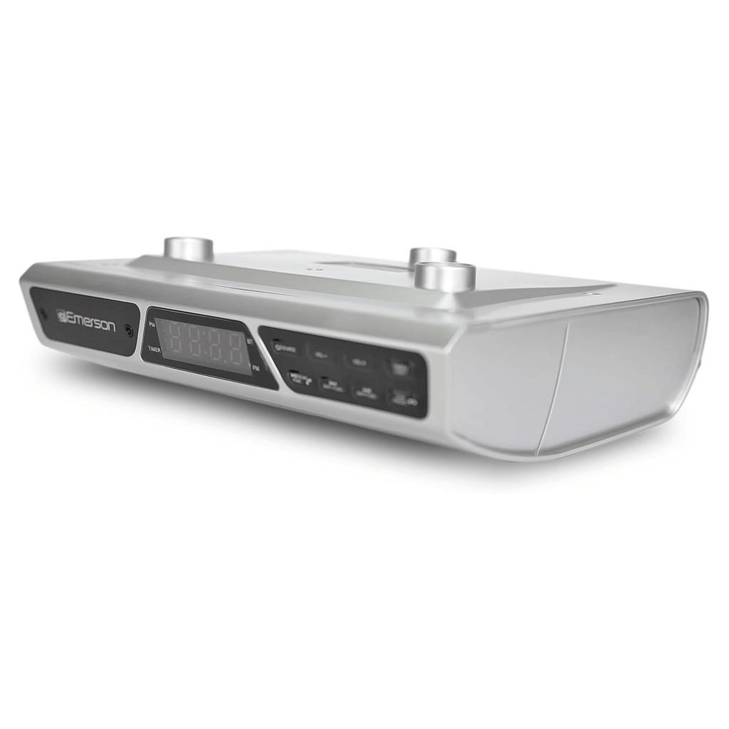 Emerson Under Cabinet FM Radio w Bluetooth, Station Memory and Clock with Timer