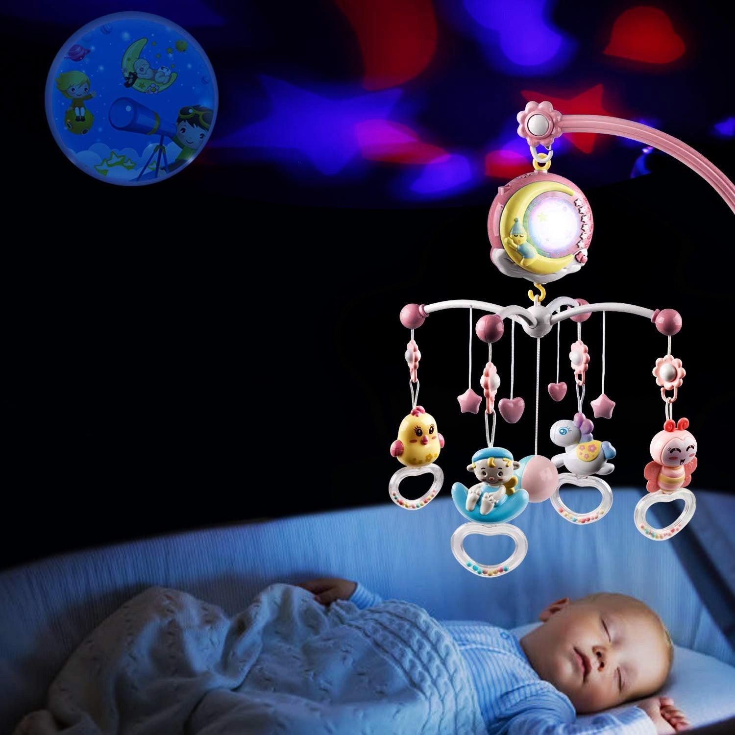 Baby Musical Crib Bed Bell Rotating Mobile Star Projection Nursery Light Baby Rattle Toy w/ Music Box Remote Control
