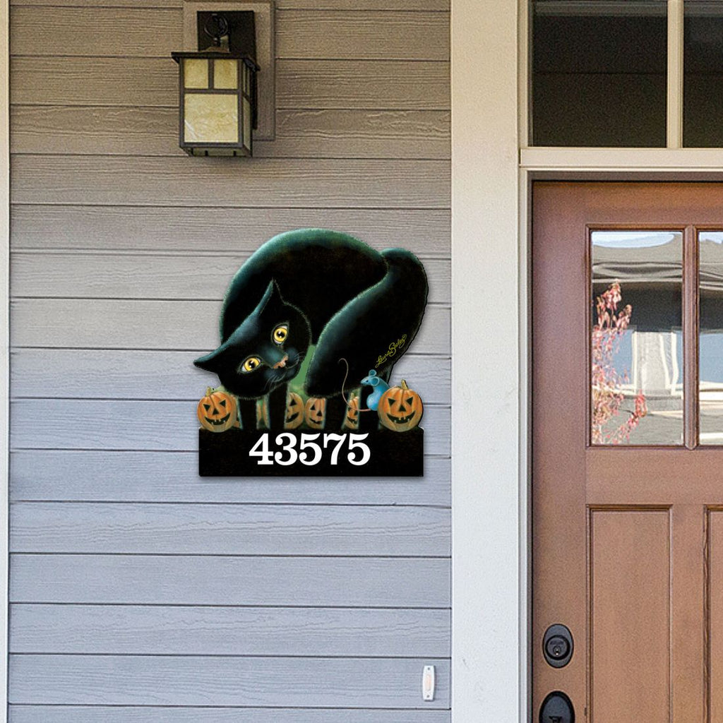 Black Cat Wooden Custom House Number Sign by Laura Seeley - Thanksgiving Halloween Decor - Handcrafted Wooden Address Sign - MA8512056-LS
