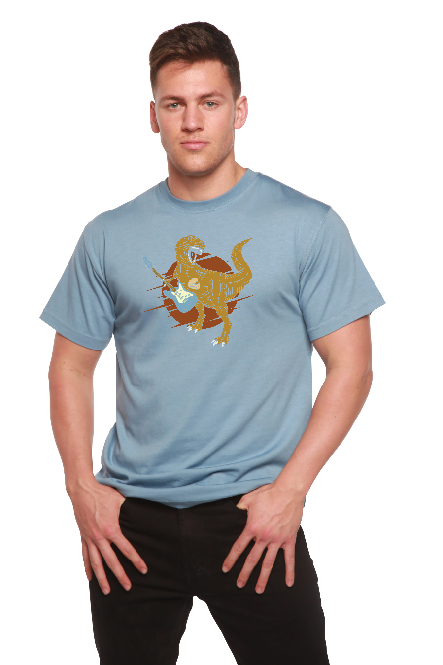 Dinosaur with a guitar Men's Bamboo Viscose/Organic Cotton Short Sleeve Graphic T-Shirt