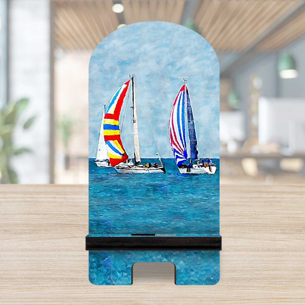 Sail Boats Cell Phone Stand Coastal Decor Wood Mobile Tablet Holder Charging Station Organizer - 892042