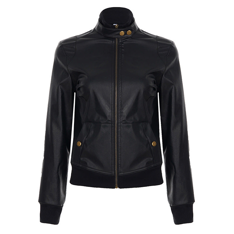 American Street Locomotive Style Waist Trimming Short Stand Collar PU Leather Jacket