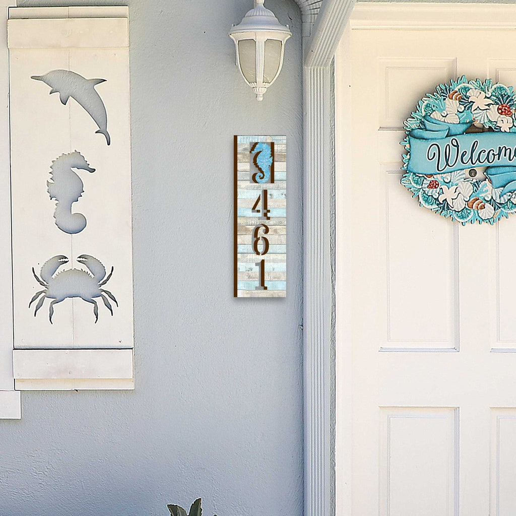 Address Sign - House Numbers - Coastal Door Numbers Sign with Seahorse Design - Wooden House Number Plaque - Custom Home Address Sign MA989814