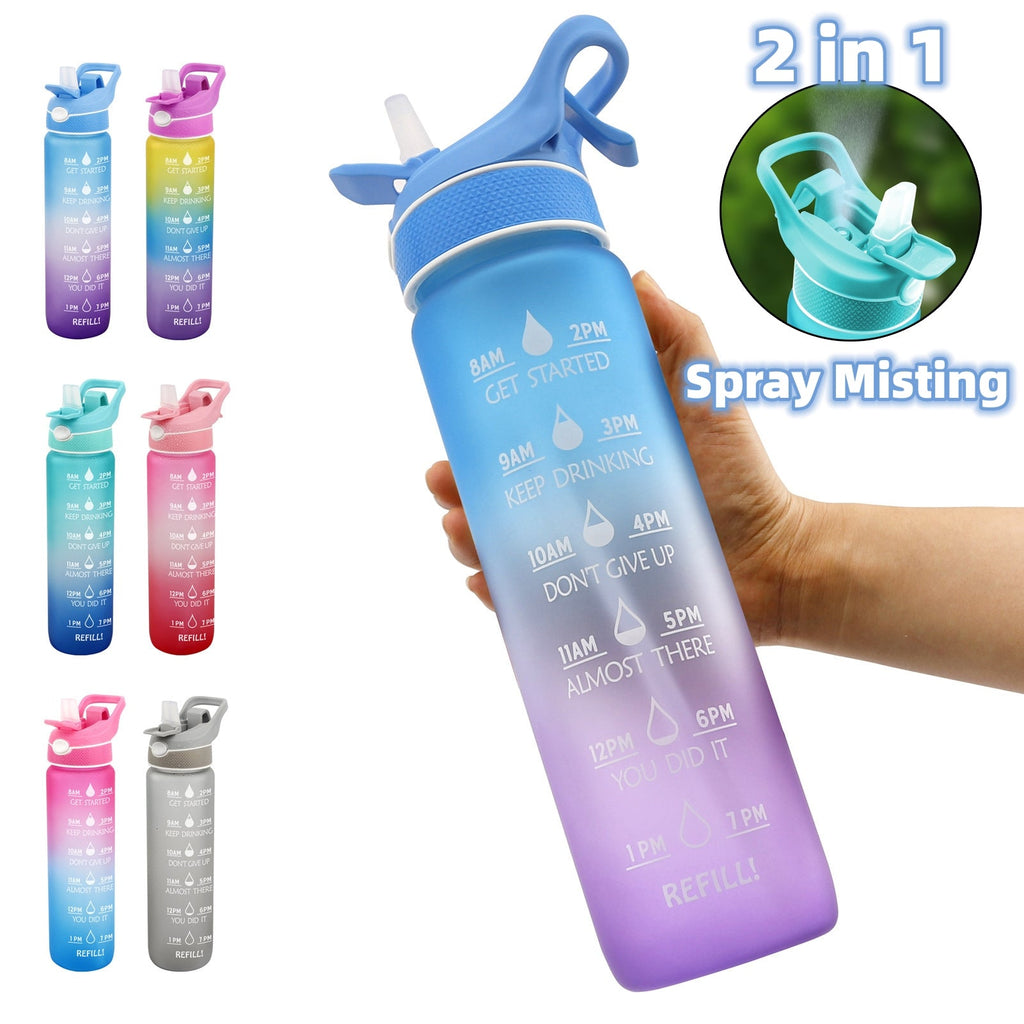 1000ml Motivational Straw Water Bottle with Spray & Time Marker