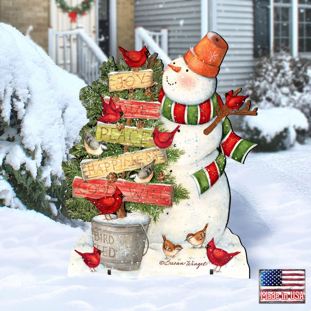 Joy Love and Peace Snowman Christmas Outdoor Scene by Susan Winget - Christmas Santa Snowman Decor - 8471108F-SW