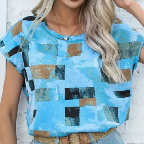 Women’s Geometric Aztec Print Blouse – Crew Neck