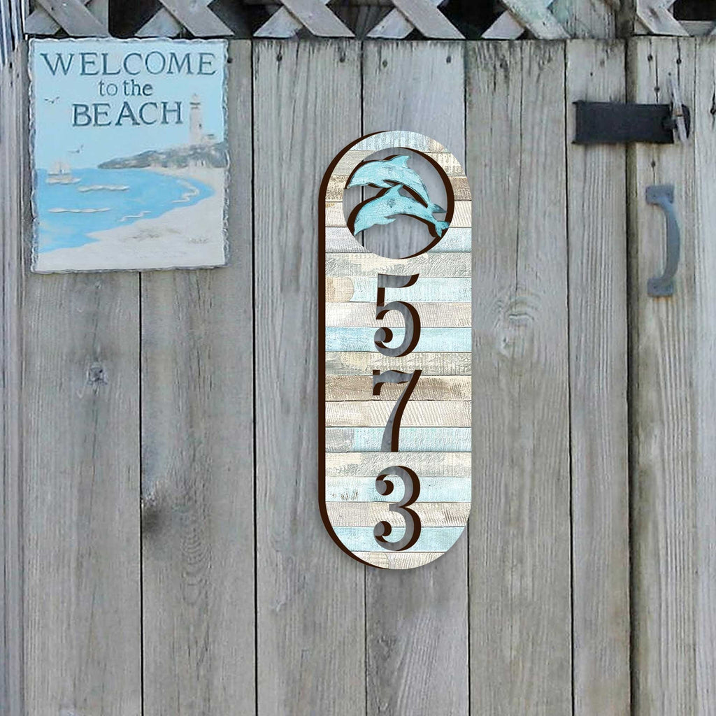 Beach House Numbers - Coastal Cottage Numbers Sign - Dolphins Wooden House Door Plaque - Custom Home Address Sign MA989812