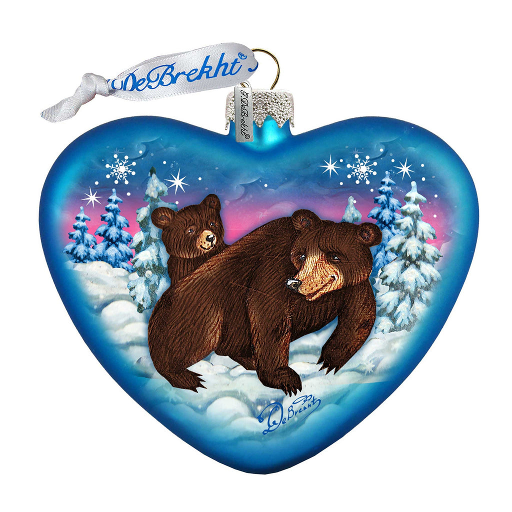 Black Bears Family Heart Glass Ornament by G. DeBrekht - Wildlife Holiday Decor - 753-090