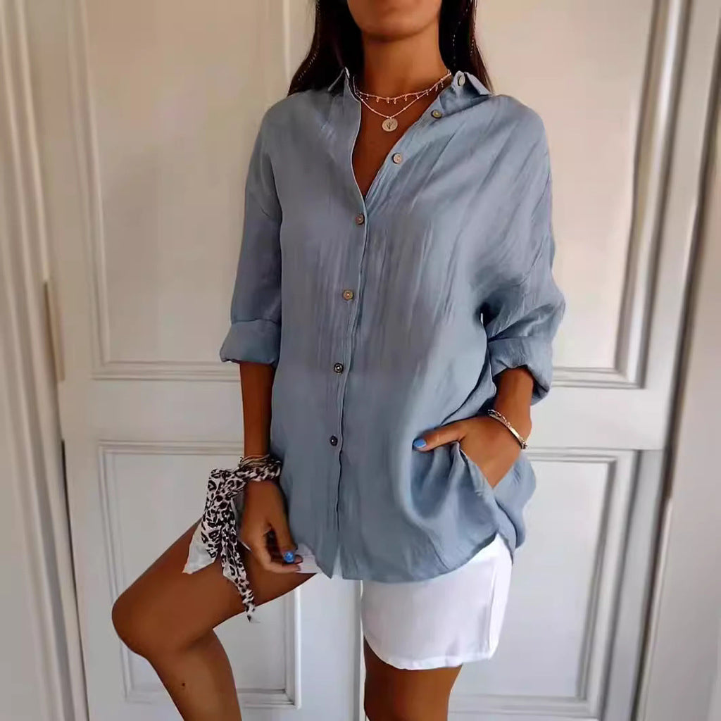 Women’s Lapel Long Sleeve Cardigan Shirt – Single-Breasted Pleated
