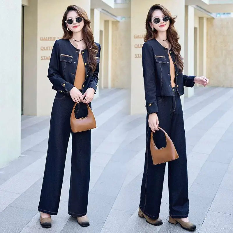Elegance Retro Casual Denim Jacket and Pants Set