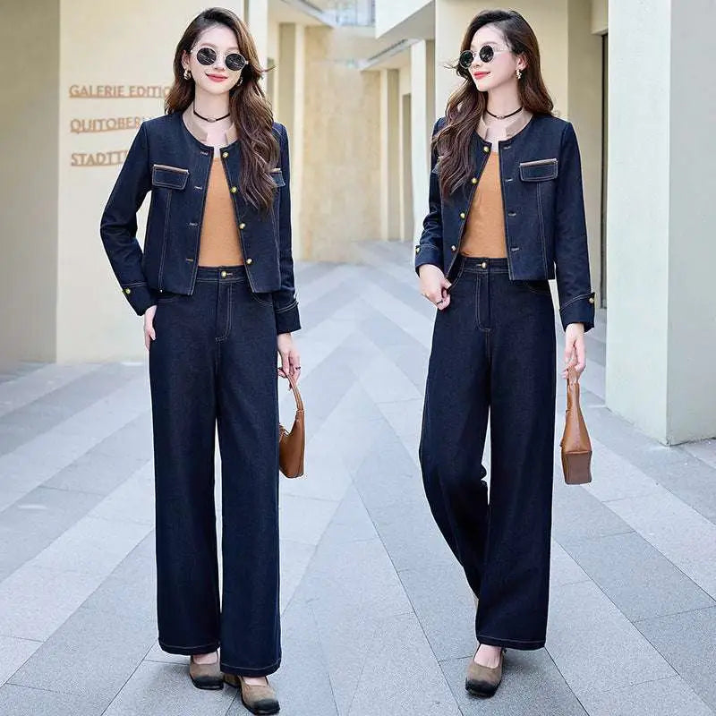 Elegance Retro Casual Denim Jacket and Pants Set