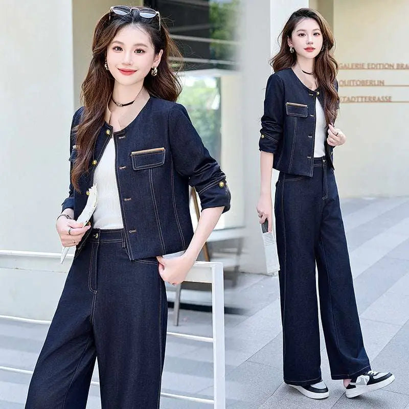 Elegance Retro Casual Denim Jacket and Pants Set