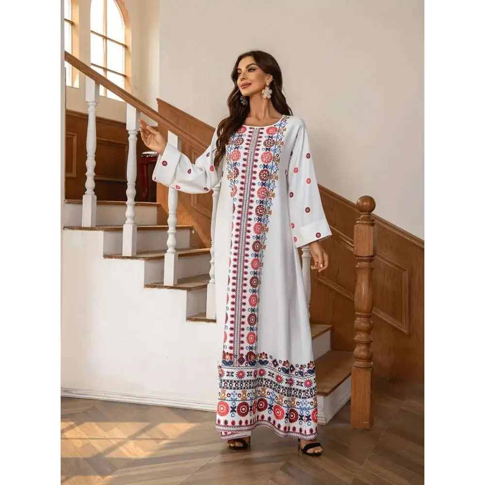 Embroidered Rhinestone Bead Long Sleeve Maxi Dress