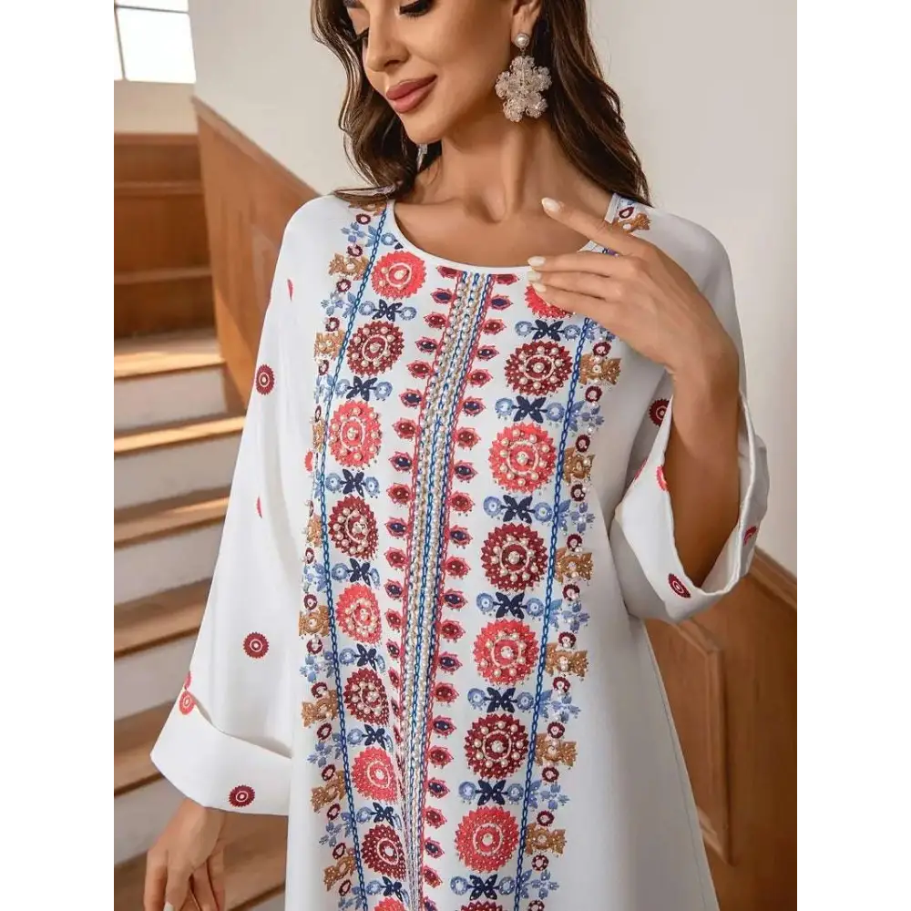 Embroidered Rhinestone Bead Long Sleeve Maxi Dress