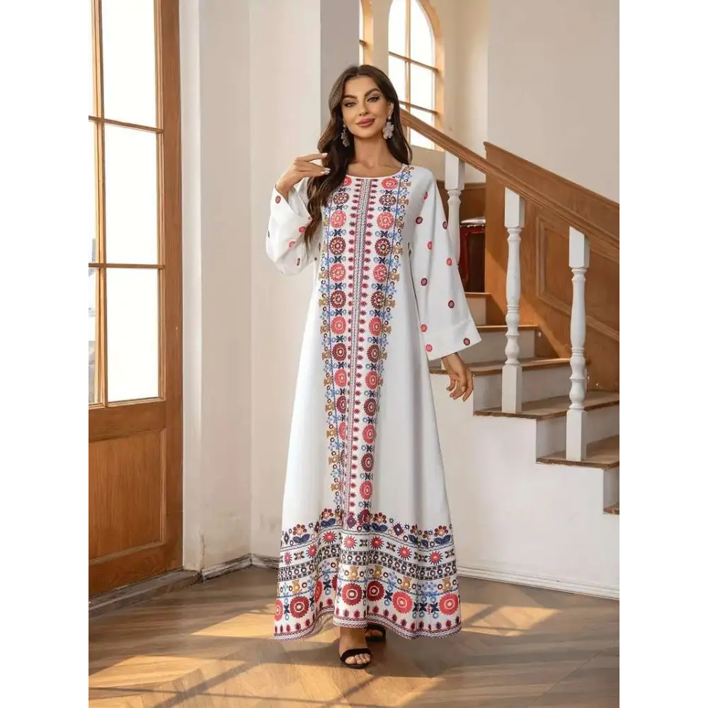 Embroidered Rhinestone Bead Long Sleeve Maxi Dress