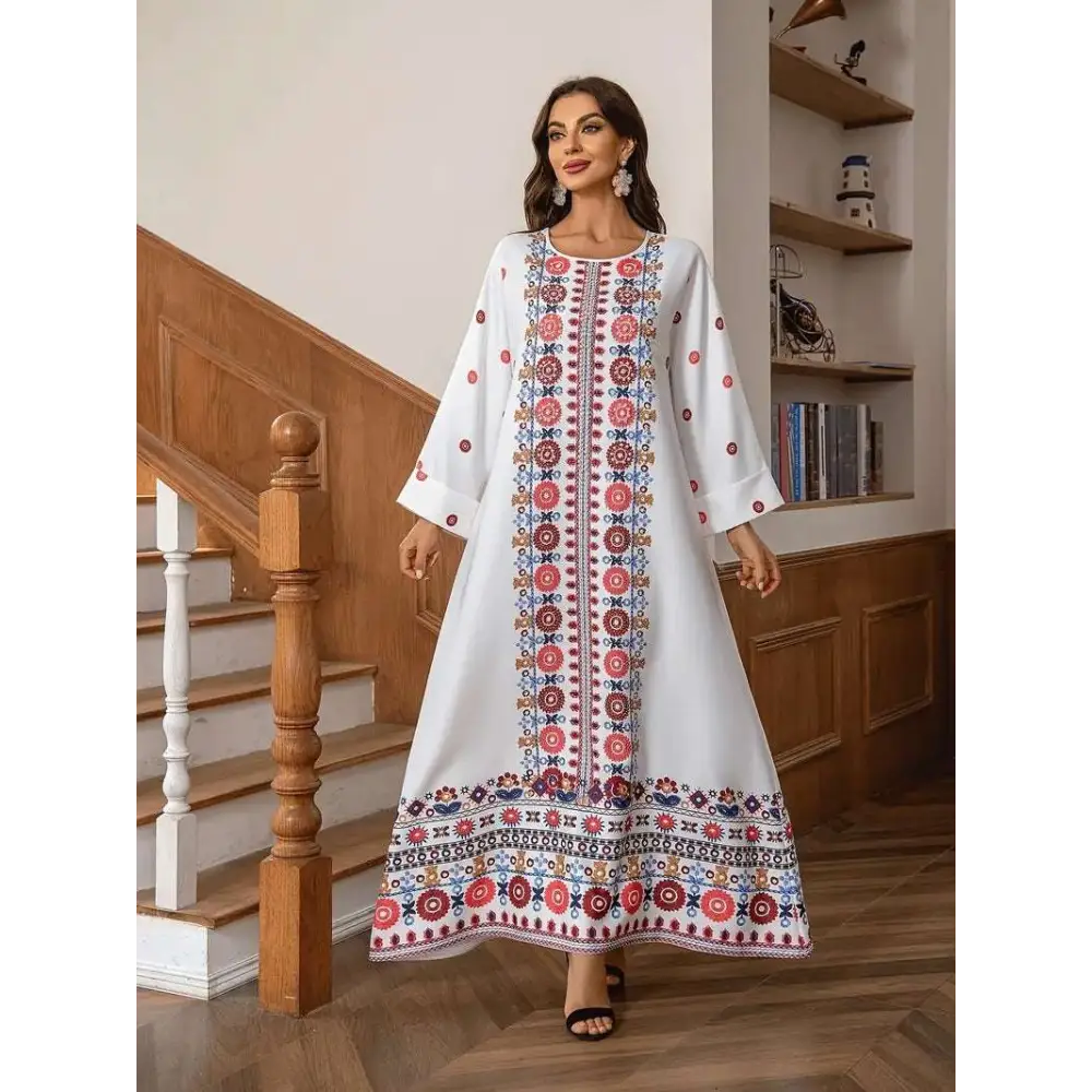 Embroidered Rhinestone Bead Long Sleeve Maxi Dress