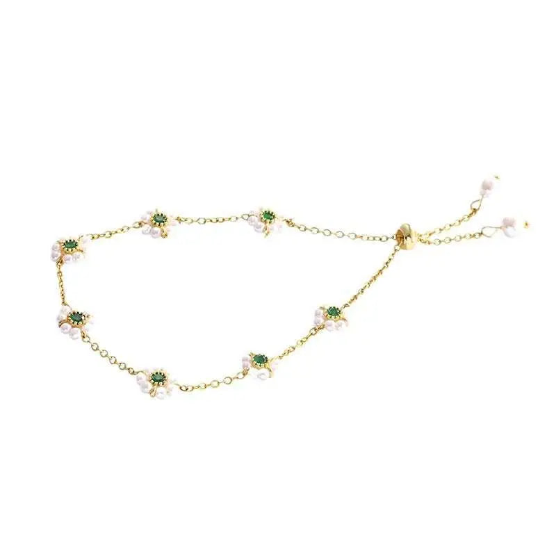 Emerald Pearl Flowers Bracelet Adjustable Chain