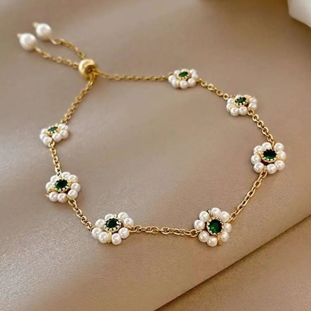 Emerald Pearl Flowers Bracelet Adjustable Chain