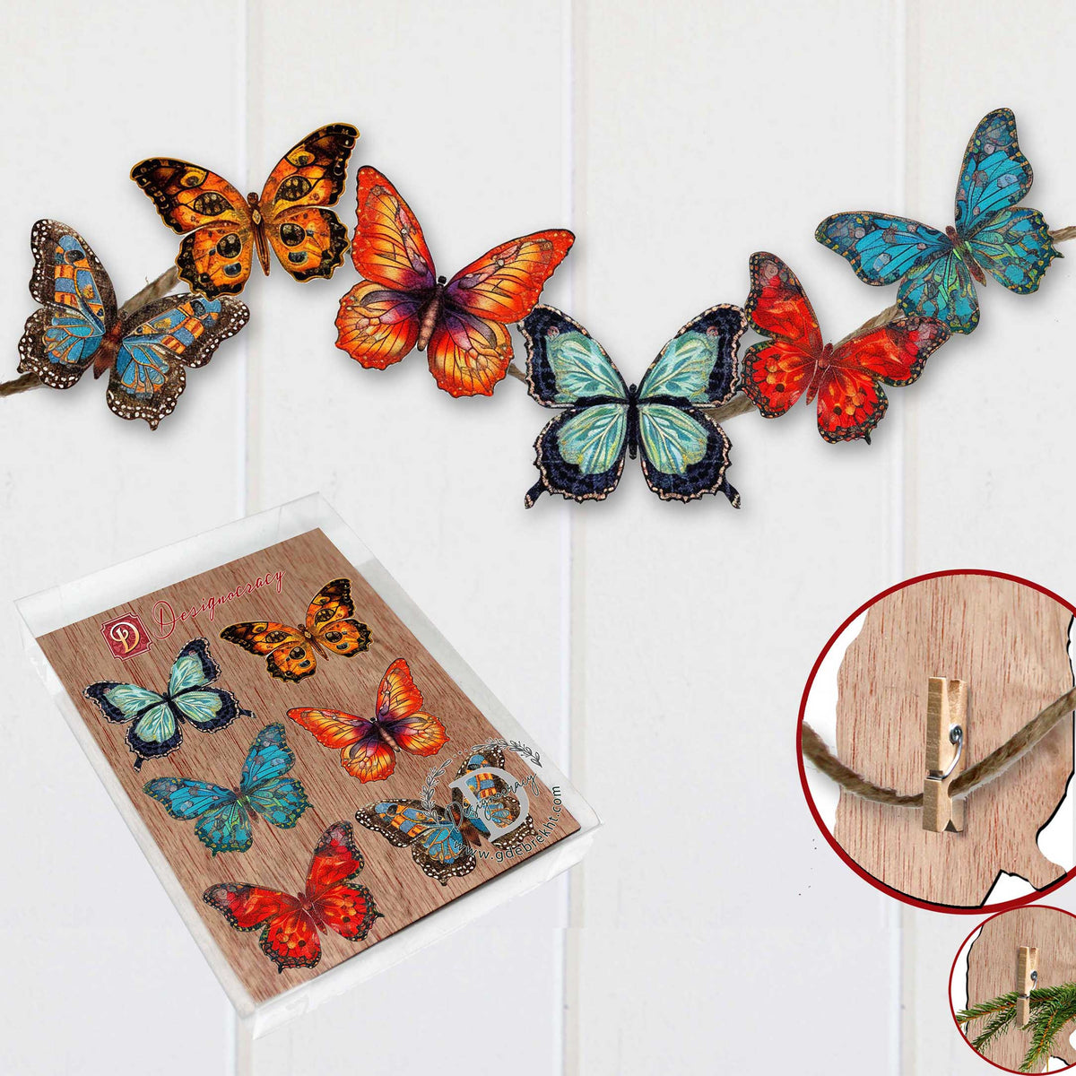 Summer Butterfly Clip-On Eco Wood Decorative Ornaments Set of 6 by G. Debrekht - Christmas Decor - 8090012-2C-S6