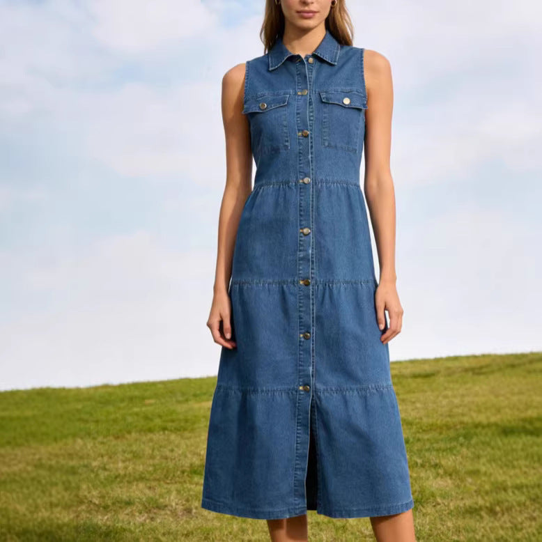 Women's High-Waist Denim Maxi Dress